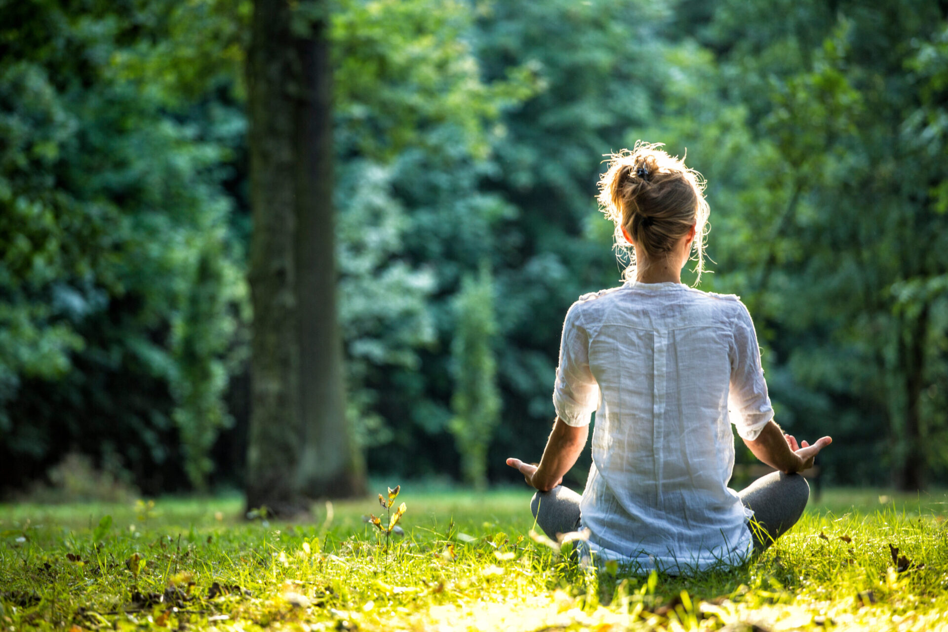 Meditierende Frau auf dem Waldboden sitzend